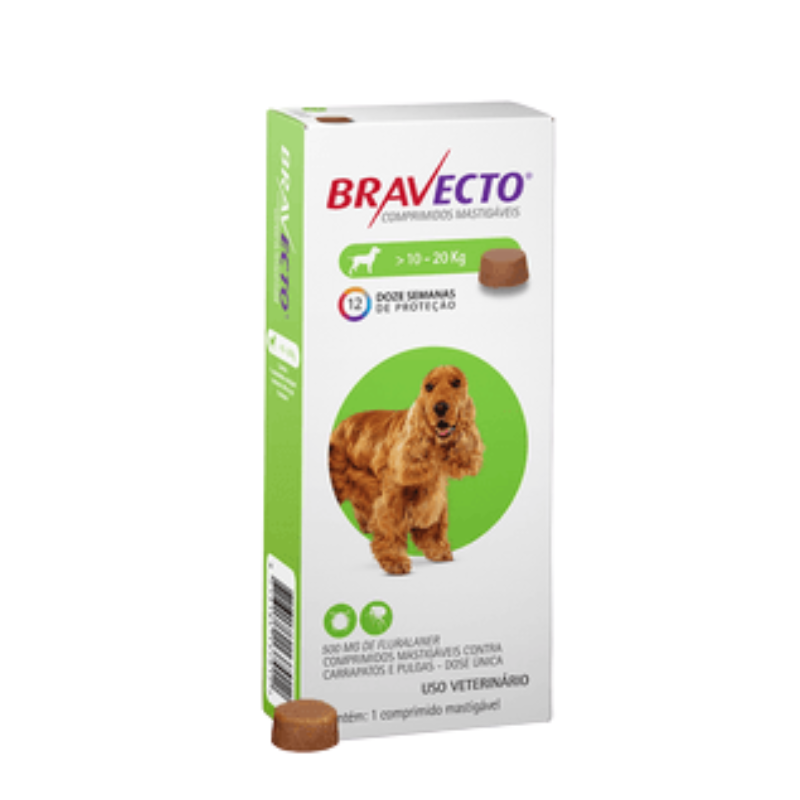 Antipulgas e Carrapatos Bravecto 10 kg a 20 kg Cães 500mg 1 comprimido