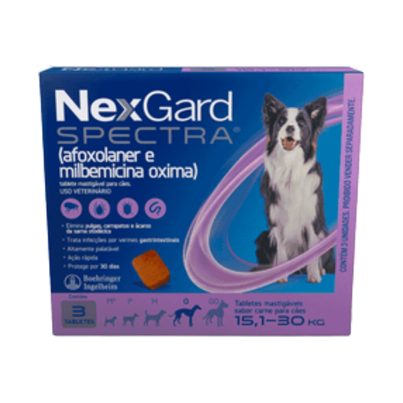 NexGard Spectra Antipulgas e Vermífugo Cães 15,1kg a 30kg 3 tabletes