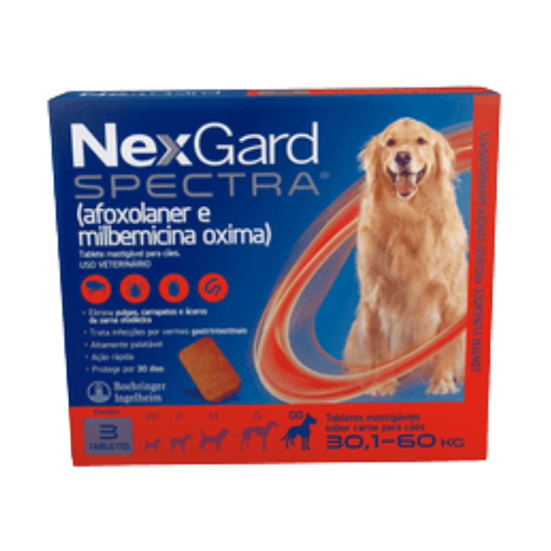 NexGard Spectra Antipulgas e Vermífugo Cães 30,1kg a 60kg 3 tabletes