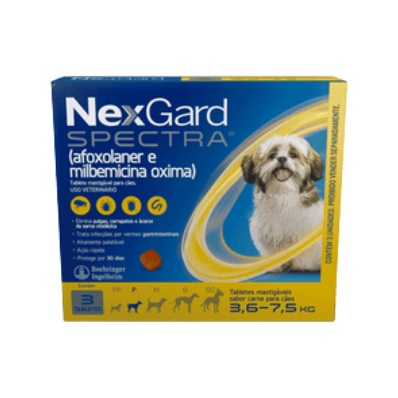 NexGard Spectra Antipulgas e Vermífugo Cães 3,6kg a 7,5kg 3 tabletes