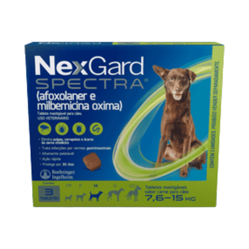 NexGard Spectra Antipulgas e Vermífugo Cães 7,6kg a 15kg 3 tabletes